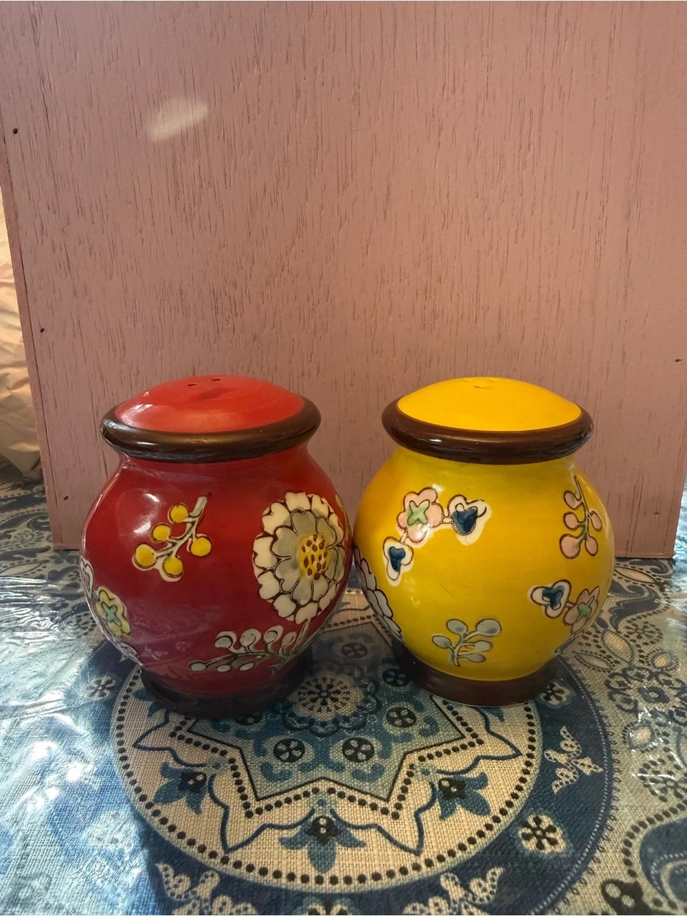 Vintage Hand-Painted Red iand Yellow Floral Ceramic Salt and Pepper Shakers